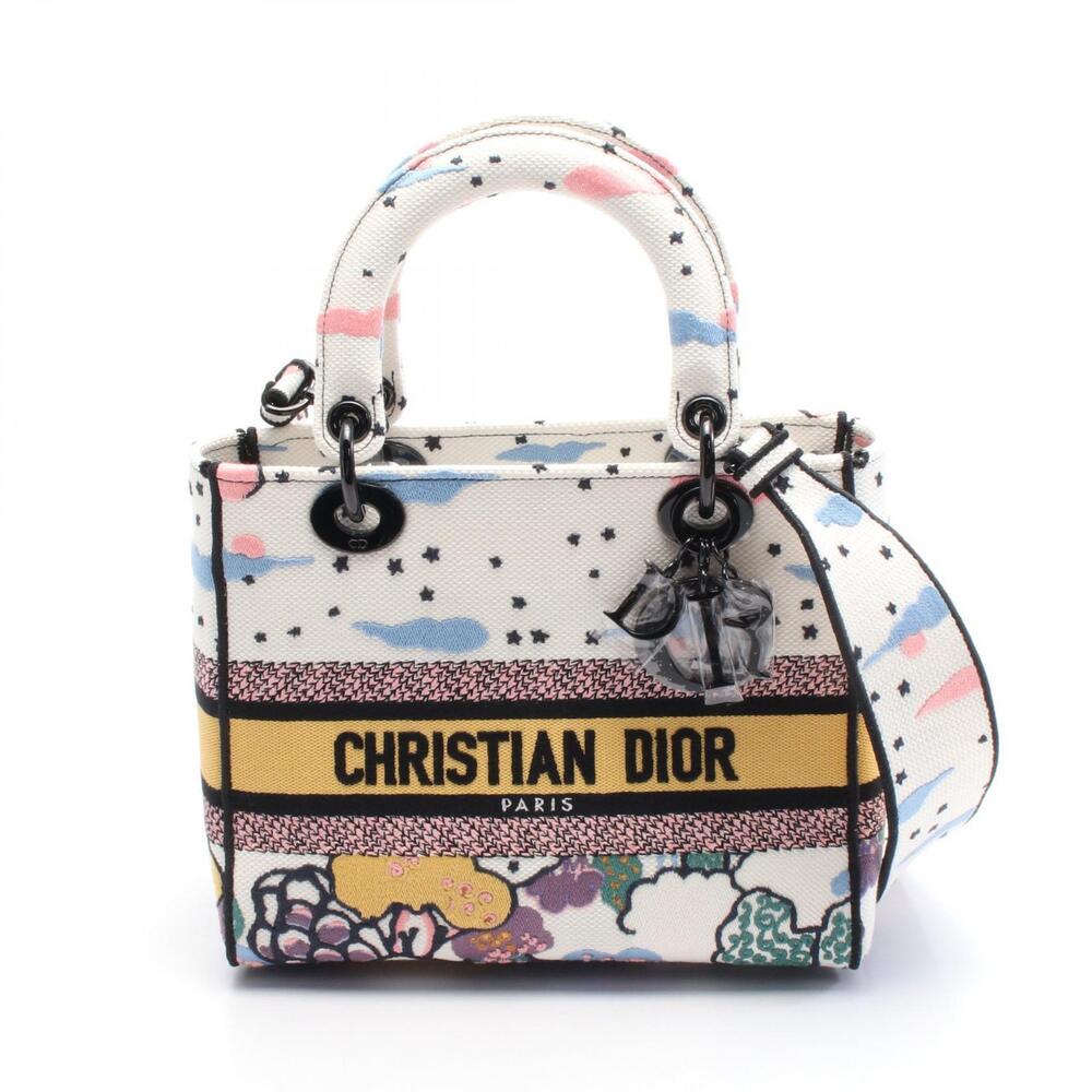 Dior LADY LITE Handbag Canvas White Multicolor